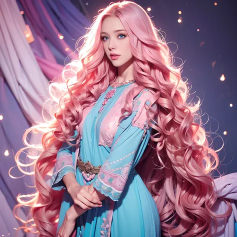 “Woman, long curly hair, pink hair, blue eyes, elf, full body, soft, cute