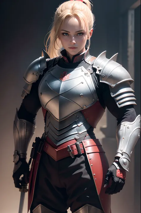 Beautiful mature blonde ponytail female knight、Bright red chest armor、Black pants and red leg armor　((Muscular and macho slim body and lower body))、Carrying a large sword at the waist、Has a large shield　A smile　Photorealsitic、a picture、​masterpiece、reallis...