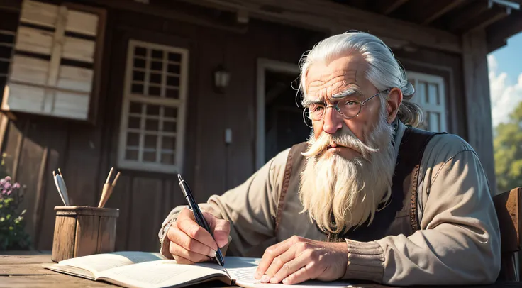 realistic, a wise, bearded old man, sitting, outside an old wooden house, writing in a notebook, wrinkled, aged, with piercing eyes, 4k