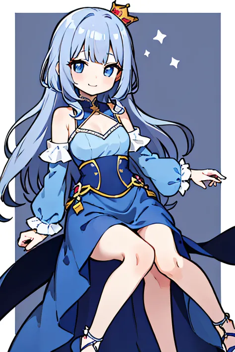 1 chibi girl, wearing a blue gown with red accent, smiling, magical, with little crown, gray long curly hair, blue eyes, full body