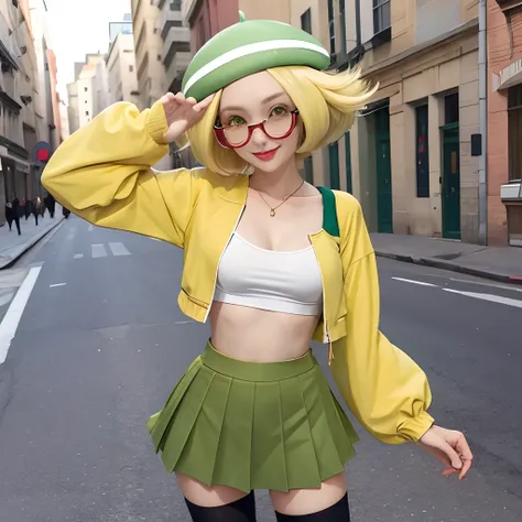 masterpiece, best quality,midriff,short pleated skirt, thighhighs,(blonde hair:1.3),(bianca:1.5),red glasses, short hair,street,city,green eyes,green headwear,heavy blush, happy