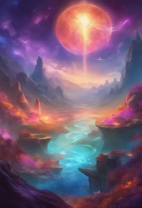 Gas giant planet surface with a vast expanse of swirling violet and teal skies, adorned with floating islands of elemental essence, cradles a world where air, fire, water, and earth converge, a realm where harmony and mastery of the elements are etched int...