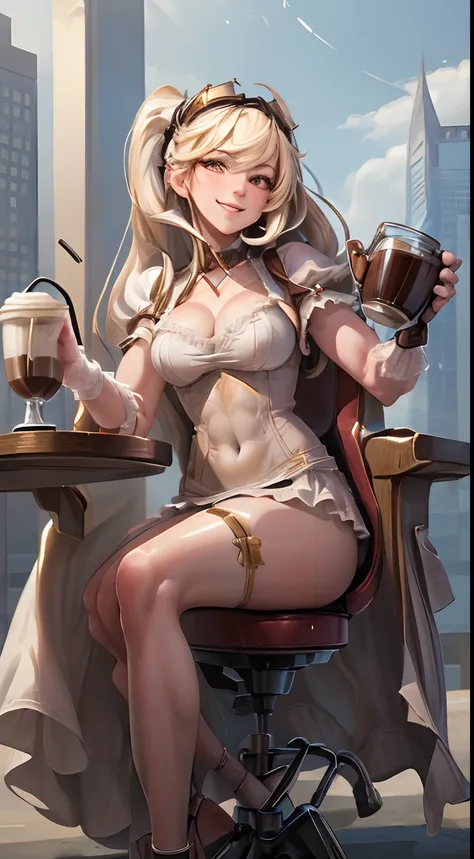 ((masterpiece,best quality)), absurdres, white dress,
Layla_ML, 
solo,  smiling, looking at viewer, cowboy shot,
modern city in background, cinematic composition, (((perfect face))), ((extreamely detailed)), (((holding a cup of coffee))), (show panties), (...