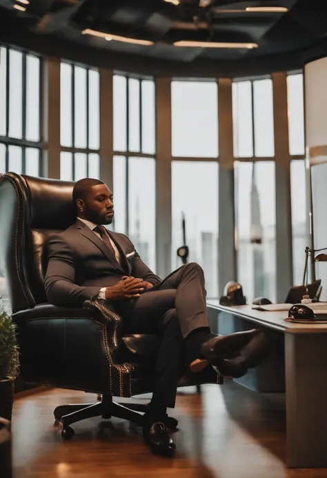 35 years old man black man with a costume seating in his big ceo chair in his office