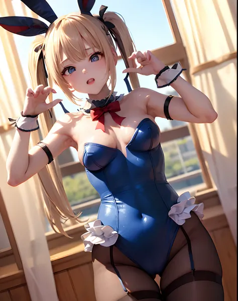 ​masterpiece、hiquality、1girl in、独奏、Marie Rose、cowboy  shot、embarassed expression、((Casino))、(((bunnygirl)))、((Leotard with open chest))、((pantyhose))、Put your hands on your hips、(White cuffs)、natta、(Bare chest from the neck)