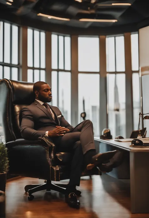 35 years old man black man with a costume seating in his big ceo chair in his office