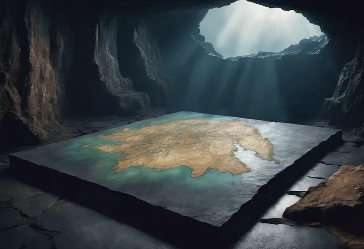 An ancient weathered map of (Atlantis) sitting on a dusty black stone slab in a forgotten cave, cobwebs, dramatic, dark, gloomy, shadowy, high quality, imagination, 8k, fantasy art, high saturation (g1g3r)