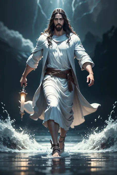 jesus walking on water in a storm, masterpiece, best quality, high quality, extremely detailed CG unit 8k wallpaper, award winning photography, Bokeh, Depth of Field, HDR, bloom, Chromatic aberration, photorealistic, extremely detailed, trending on artstat...