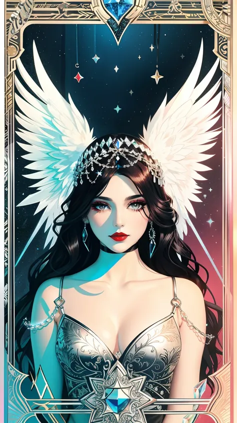 tarot card, Model: long wavy hair, full scarlet dark lips, Smoky eyes, BREAK,, Broken glass, crystals, neon lights, BREAK, Polychromatic geometric patterns,Heart, Arms and legs, BREAK, Accessories: Chrome-plated chains with torn body, Silver Choker, black ...