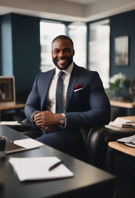 35-year-old black man with a suit sitting in his big CEO chair in his office he looks at the camera smiling