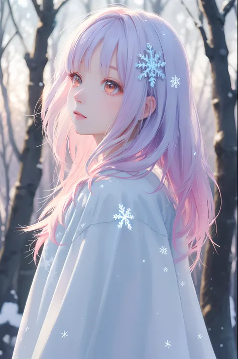 1girl, gradient hair, detailed clothes, winter forest, snowflake, soft cinematic light, elegant, highly detailed, faded, hires, backlighting, face focus, sparkle, from side, looking up