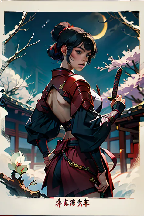 (Masterpiece, Best Quality), 8k Wallpaper, highly detailed, sexy female ronin, samurai, cherry blossom flowers border, japanese tattoos,  katana, japan, night, moonlight, vector style art, erotic, movie poster style, lettering.