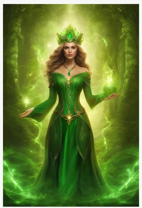 A powerful spell，Create a magical protective barrier, A woman uses green magic to summon a perfect magic shield，Perfect for fantasy worlds.