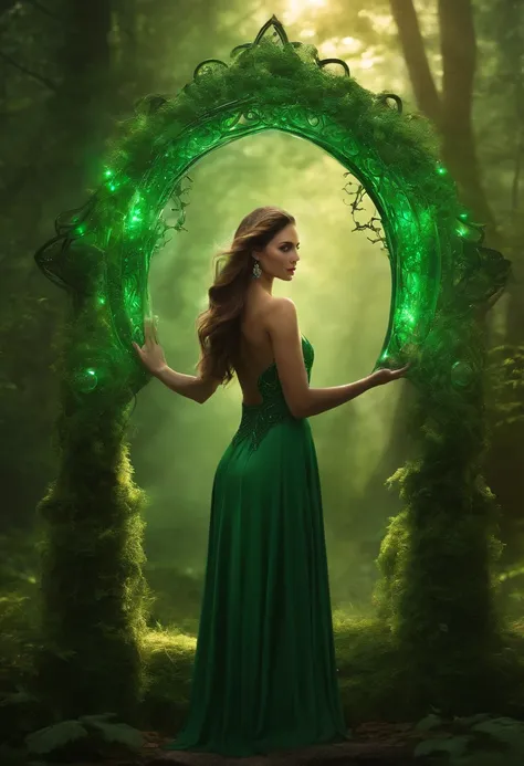 A powerful spell，Create a magical protective barrier, A woman uses green magic to summon a perfect magic shield，Perfect for fantasy worlds.