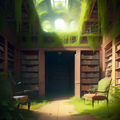 The Abandoned Library, overgrown with plants