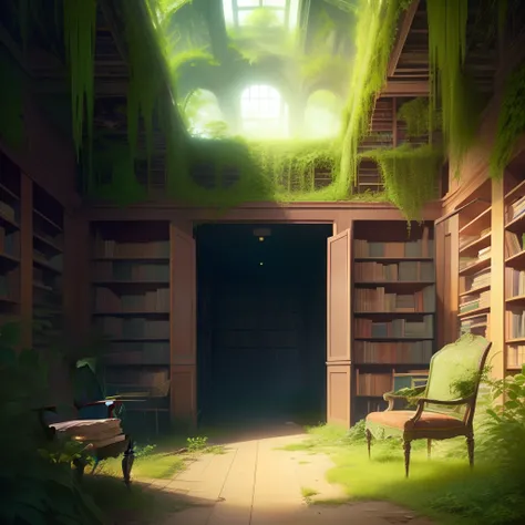 The Abandoned Library, overgrown with plants