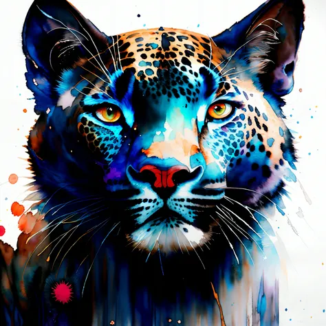 wtrcolor style, Digital art of (black leopard character), official art, frontal, masterpiece, Beautiful, ((watercolor)), face paint, paint splatter, intricate details. Highly detailed, detailed eyes, [dripping:0.5], Trending on artstation, by Rachel Walker...