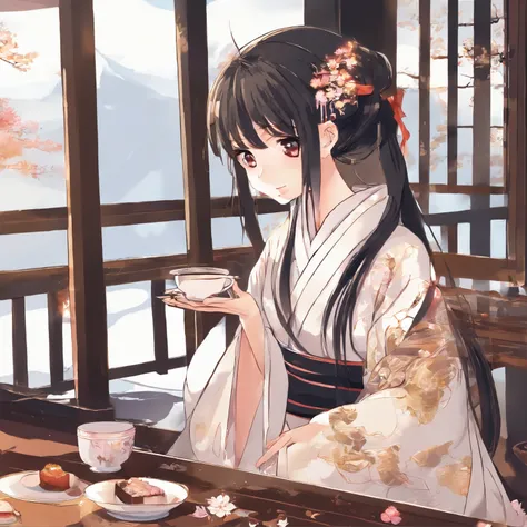 Detailed background(tea shop(The cityscape of Kyoto seen outside the window)),Laid on the table(a cake).Hold it in your right hand(cups＆saucer),BREAK,Put it in your mouth(a cake),BREAK,elaborate costume{Luxury kimono(Colorful kimono(Detailed golden embroid...