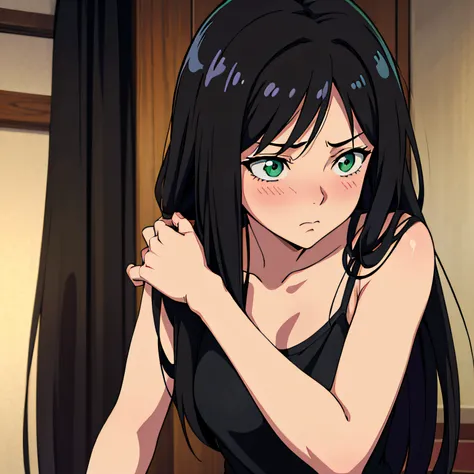 ((best quality, 1girl)), anime girl with black long hair and green eyes wearing a black t-shirt, (shy, blush), room, bedroom, almond eyes, anime visual of a cute girl, smooth anime cg art, semi realistic anime, in an anime style, an anime girl, semi - real...