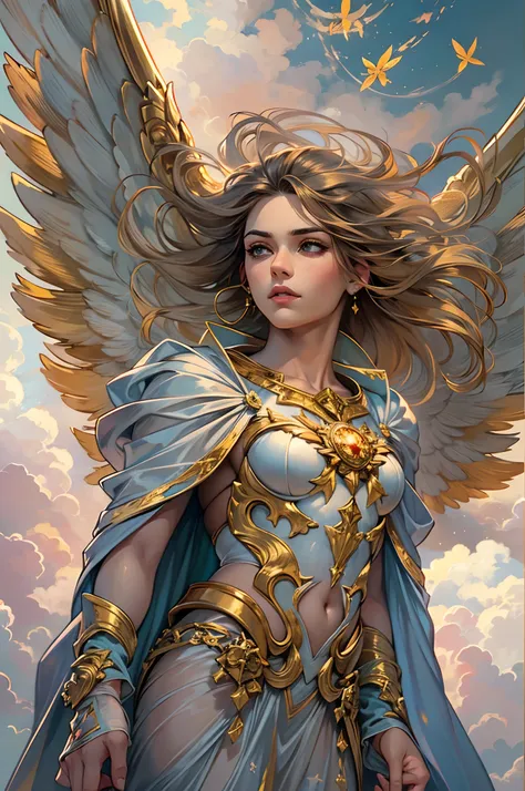 An angel wearing clothes in the petrol color, cloudy sky, nouveau, manto, capuz, luz solar, Golden armor and petrol color, magnifica, lindo, magica, celestial, cabelo longo, moldura de quadro.