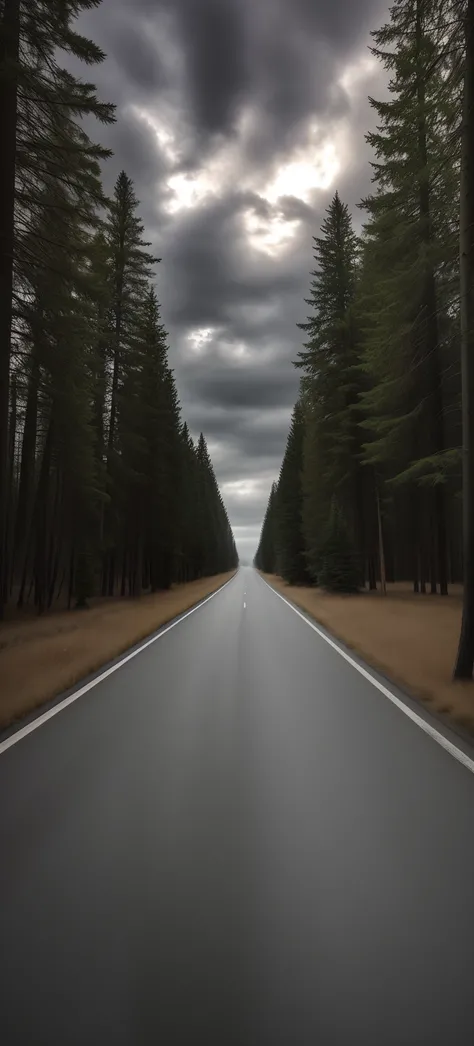 FHD, Asphalt road, Coniferous forest on the sides, overcast weather, Beautiful sky, Gloomy lighting