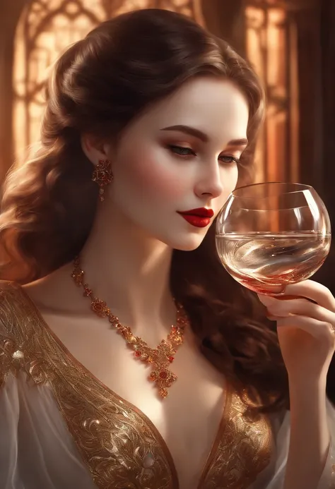 animesque,Illustration of a woman,Clear skin,Brown eyes,Red Lipstick,Graceful posture,Soft smile,Flowing hair,Crystal clear glass in her hands,The liquid in the glass shimmers mysteriously