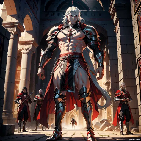 Lord Dracula white hair red eyes muscular handsome warrior night scene wearing armor Moroccan medieval Islamic Back to his Islamic castle Victorious architecture with his troops armed demon at noon hyper realistic super detailed Dynamic shot centerpiece ci...