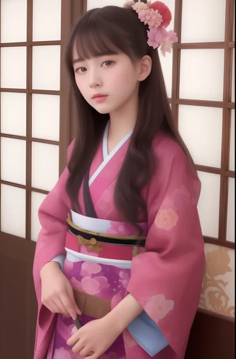 Best quality, Masterpiece, high resolution, Original, highly detailed wallpaper, Beauty 、teens girl、Real Human、Authentic、Old photos、bit girl、Japan antiquity、Heian period、Twelve vests，12 single kimono、screen、curtain、facticity、Background depth of field