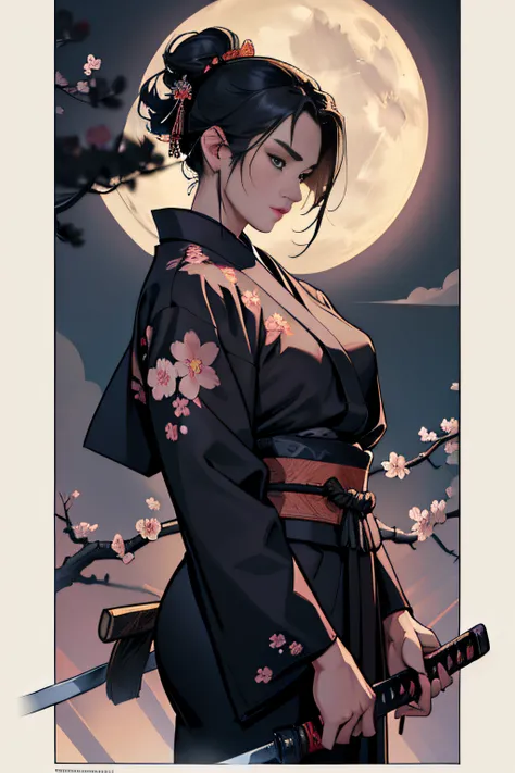 (Masterpiece, Best Quality), 8k Wallpaper, highly detailed, sexy female ronin, samurai, cherry blossom flowers border, japanese tattoos,  katana, japan, night, moonlight, vector style art, erotic, movie poster style, lettering.