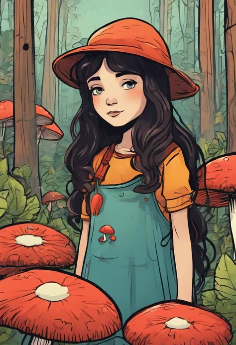 A little thin Baskir 12 year old girl with long dark hair and slating eyes walking in a forest with a little cute mushroom, sticker style