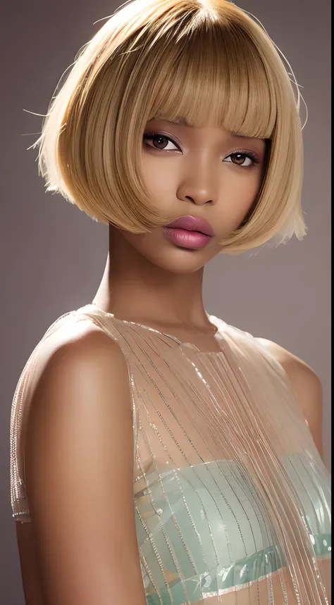 Best quality, 2024 trend makeup for African female model, Two-Tier Inverted Bob Haircut, editorial fashion, colorful blouse, transparent/translucent medium, detailed eyes, plump lips, hyper resolution