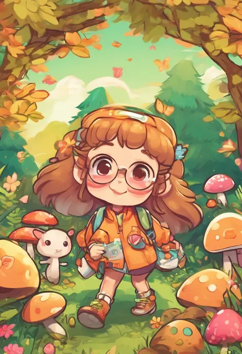 A little thin Baskir 12 year old girl with long dark hair and almond-eyes with big glasses walking in a forest with a little cute mushroom, sticker style