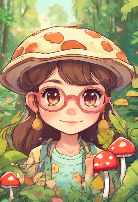 A little thin Baskir 12 year old girl with long dark hair and almond-eyes with big glasses walking in a forest with a little cute mushroom, sticker style