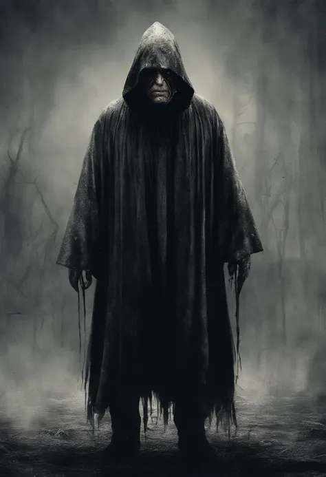 very old man, looks like a corpse, half of his face deformed, angry look, short gray hair, pale wrinkled skin, yellow pupil, hunched posture, penetrating and evil look, long black cloak, torn clothes, cloak of raven feathers on the back, left side of the b...