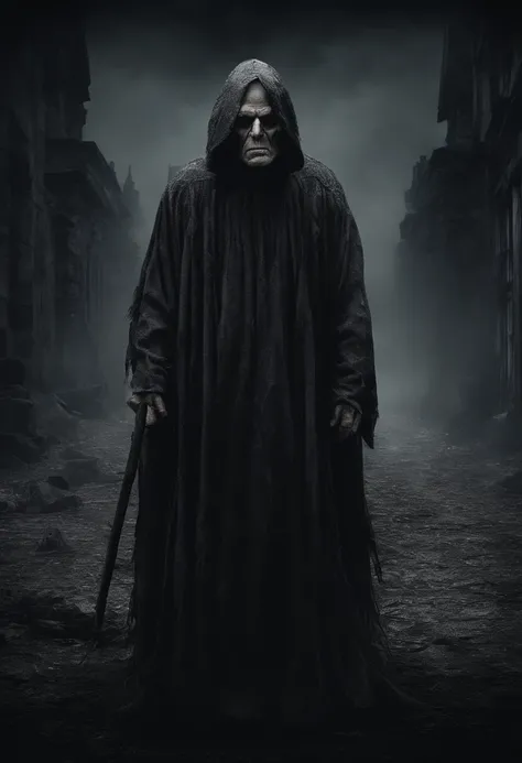 very old man, looks like a corpse, half of his face deformed, angry look, short gray hair, pale wrinkled skin, yellow pupil, hunched posture, penetrating and evil look, long black cloak, torn clothes, cloak of raven feathers on the back, left side of the b...