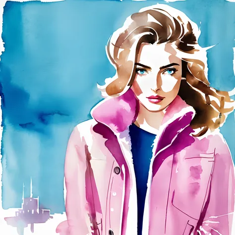 David Downton fashion illustration watercolor, light brown blonde thin hair 1woman, bob hair, blue eyes, Andreea Diaconu, fluffy pink sweater, light blue trendy denim jacket, apple green tea, Paris street, lilac