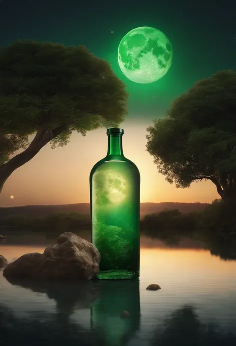 a colossal bottle which contained a majectic lake ,  very high quality and Very detailed scene , Octane render, Starry Sky , Dreams , Giant green Moon , Vaut of heaven , Inspiration, Imagination