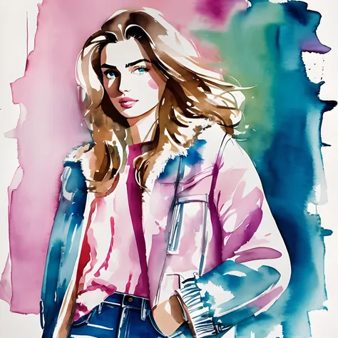 David Downton fashion illustration watercolor, light brown blonde thin hair 1woman, blue eyes, Andreea Diaconu, fluffy pink sweater, light blue trendy denim jacket, apple green tea, Paris street, lilac