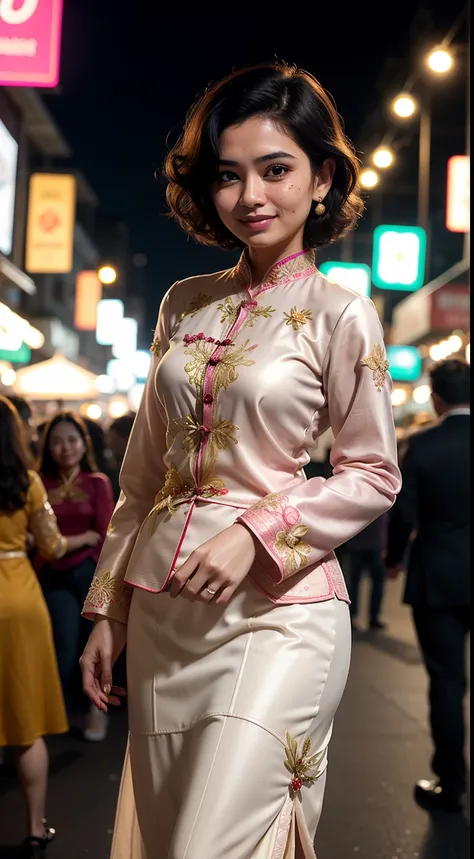 Malay girl, medium white hair, bouncy curls haircut, wear light plain pastel red womens long-sleeved dress opened at the front, secured with buttons, pins, or brooches, (baju kebaya:1.6), laughing and posing with hand on hip, wear handbag, from back view, ...