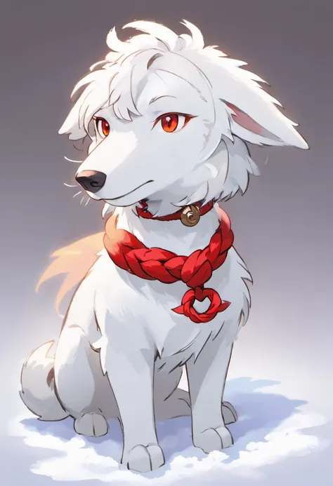 White wolfhound,(A red wishful knot is tied around his neck:1.3),Full of wild posture,(Towering snow-white hair),Red eyes,A sacred beast that makes people feel holy,The body is slender,Furry animals,Small beasts,Pokémon style