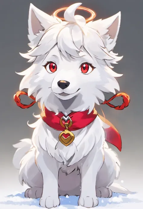 White wolfhound,(A red wishful knot is tied around his neck:1.3),Full of wild posture,(Towering snow-white hair),Red eyes,A sacred beast that makes people feel holy,The body is slender,Furry animals,Small beasts,Pokémon style