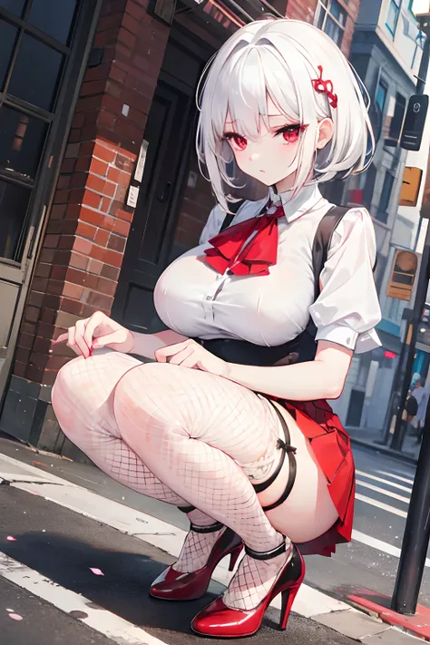 Squatting, On the street, white hair, with skirt, tight blouse, short blouse, big breasts, big ass, hair, heels, beautiful feet, fishnet stockings, Skinny body, red eyes, skirt red, blouse white, Black fishnet stockings