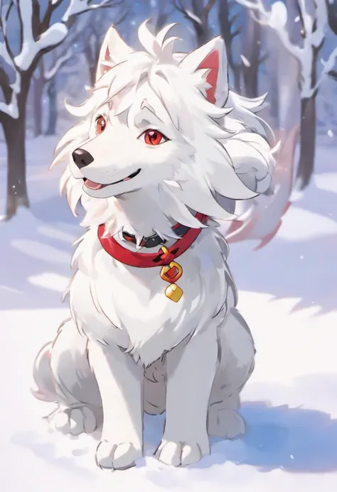 White Wolfhound,(A red wish-granting knot was tied around his neck:1.3),Full of wild gestures,(Towering snow-white hair),Red eyes,A holy beast that makes people feel holy,The body is slender,Furry animals,Small beasts,Juvenile furry