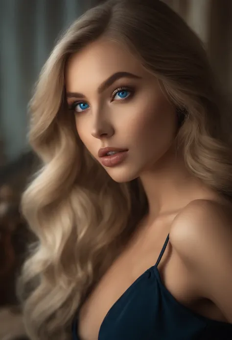 arafed woman fully , sexy girl with blue eyes, ultra realistic, meticulously detailed, portrait sophie mudd, blonde hair and large eyes,subtle makeupmedium to large size bust, waiting for a party, not lokking at the camera