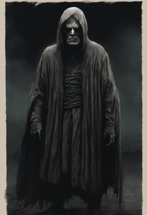 very old man, looks like a corpse, half of his face deformed, angry look, short gray hair, pale and wrinkled skin, yellowish pupils, hunched posture, waist up, penetrating and evil look, long black cloak, torn clothes, cloak of crow feathers on the back, l...