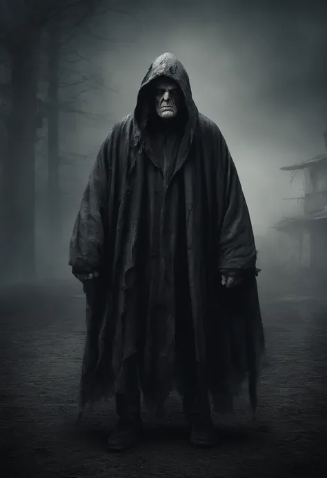 very old man, looks like a corpse, half of his face deformed, angry look, short gray hair, pale and wrinkled skin, yellowish pupils, hunched posture, waist up, penetrating and evil look, long black cloak, torn clothes, cloak of crow feathers on the back, l...