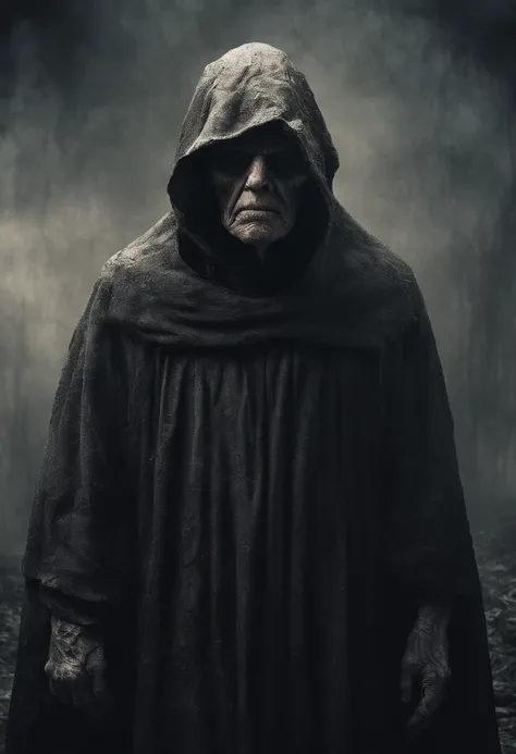 very old man, looks like a corpse, half of his face deformed, beggar, dirty, angry look, short gray hair, pale and wrinkled skin, yellowish pupils, hunched posture, waist up, penetrating and evil look, long black cloak, torn clothes, cloak of crow feathers...