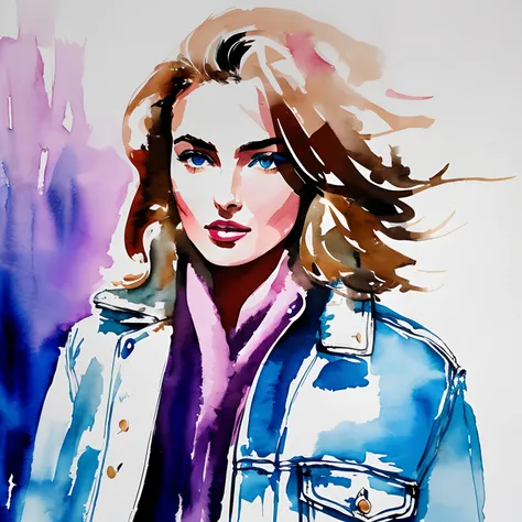 David Downton fashion illustration watercolor, light brown blonde thin bob hair 1woman, blue eyes, Andreea Diaconu, fluffy pink sweater, light blue trendy denim jacket, apple green tea, Paris street, lilac