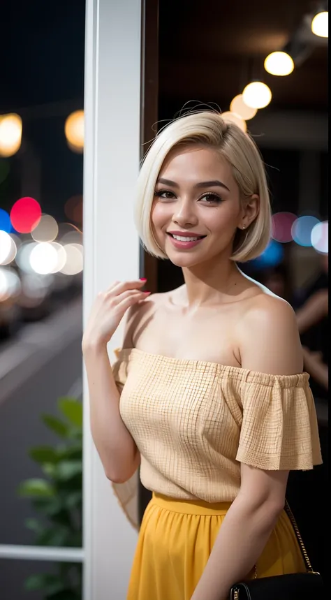 Malay girl, very short white hair, cute bob cut hair, wear off the shoulder dress, laughing and posing with hand on head, touching her own head, wear handbag, from back view, windy, detail skin, age spot, detail skin texture, mole below eyes, small breast,...