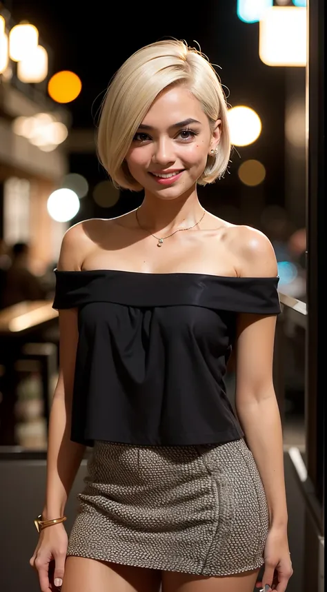 Malay girl, very short white hair, cute bob cut hair, wear off the shoulder dress, laughing and posing with hand on head, touching her own head, wear handbag, from back view, windy, detail skin, age spot, detail skin texture, mole below eyes, small breast,...